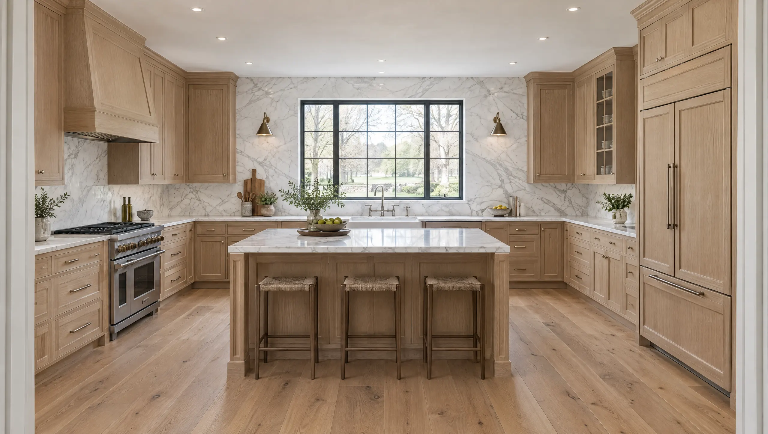 The same kitchen after renovation, with rift white oak inset cabinetry, Calacatta marble and a steel window
