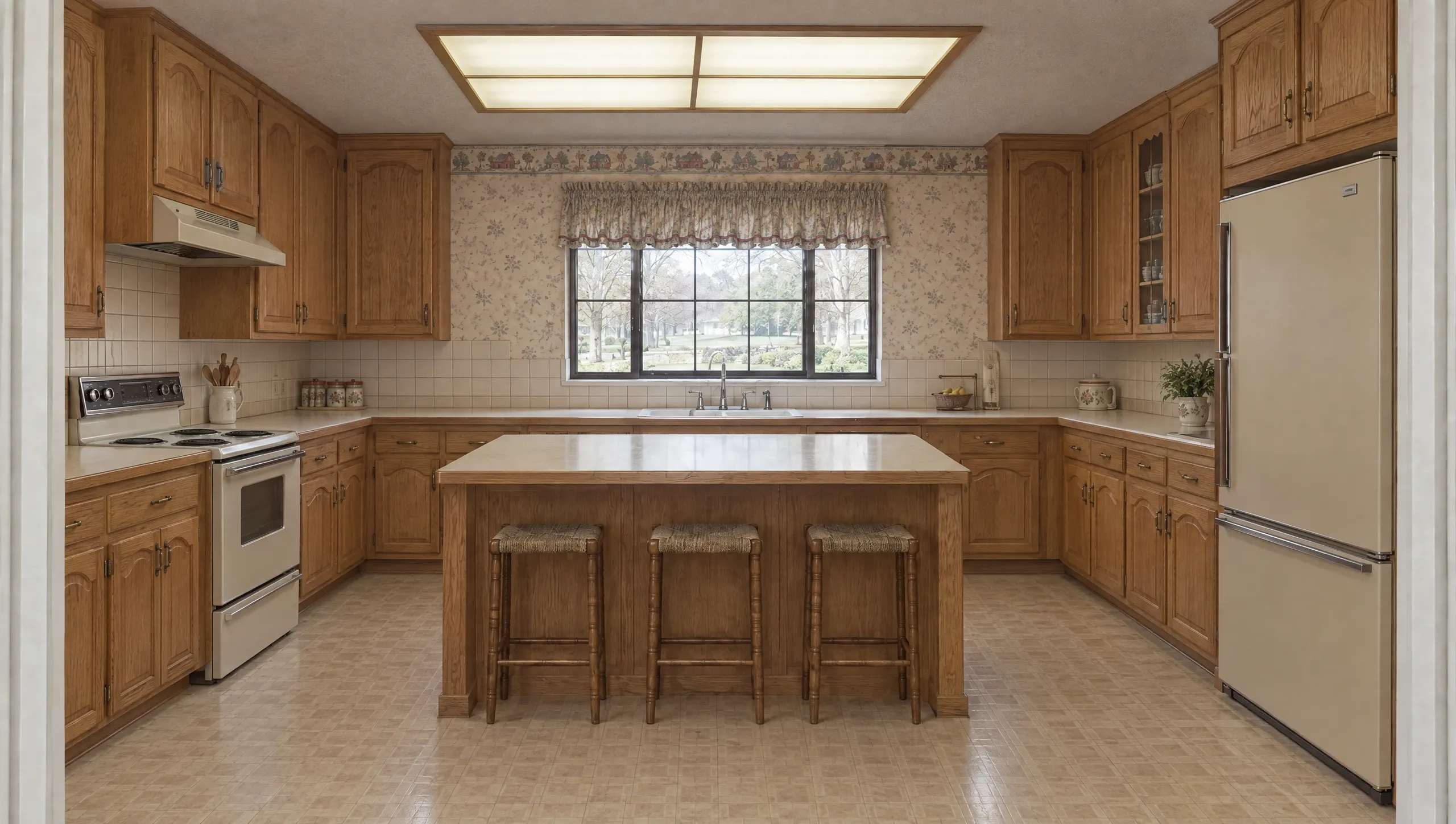 A dated 1985 kitchen with honey oak cabinets, almond laminate counters and a fluorescent light box