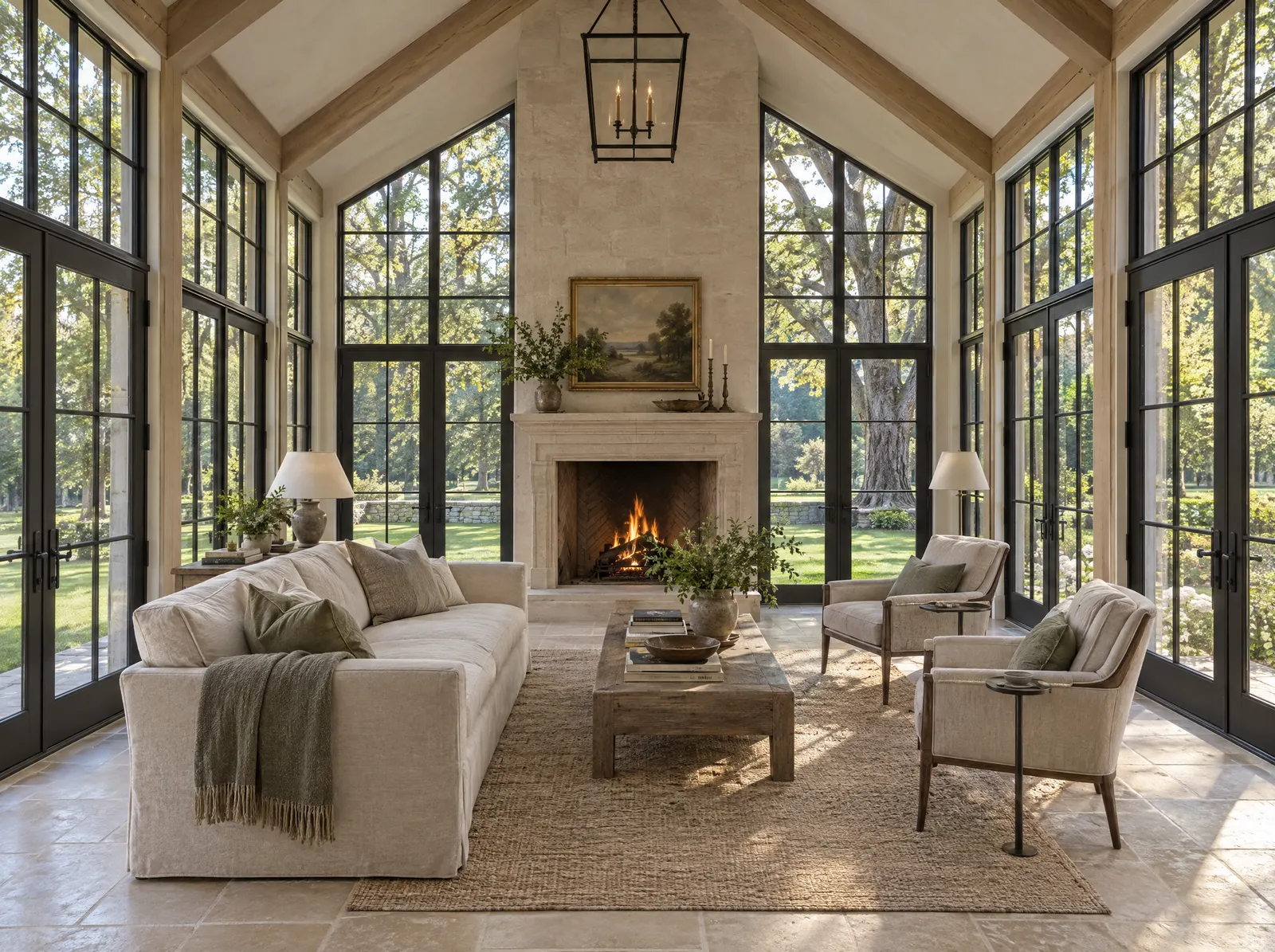 Vaulted garden room with oak beams, steel French doors and a stone fireplace