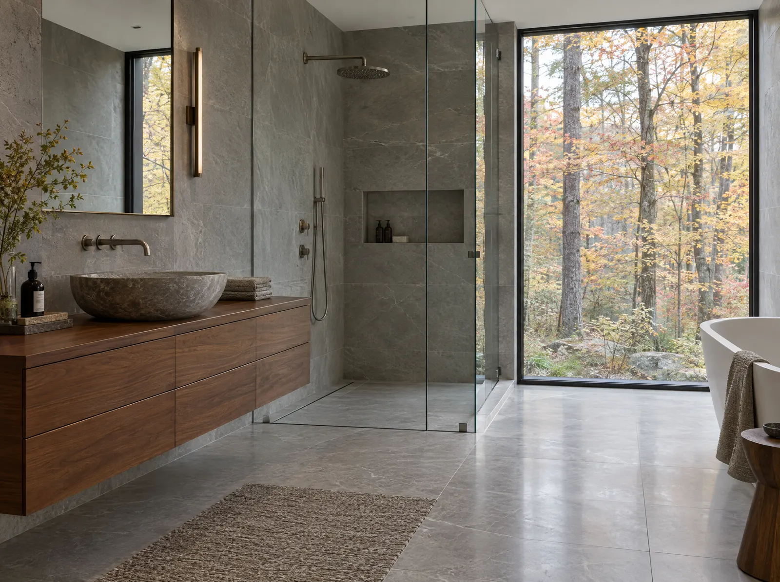 Stone primary bath with a walnut floating vanity and a window into autumn woods