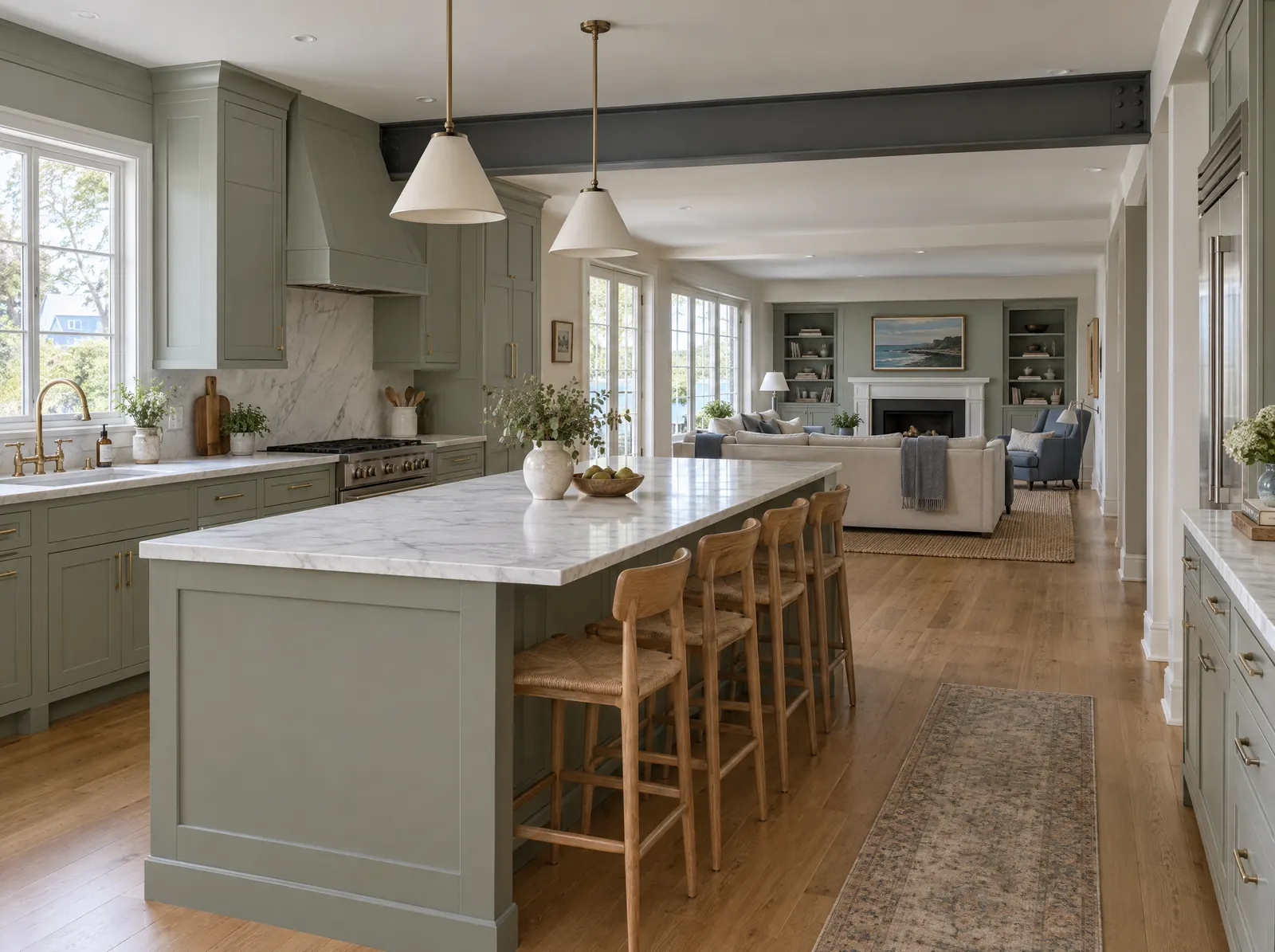 Open kitchen with a painted steel beam, green-grey inset cabinetry and a marble island