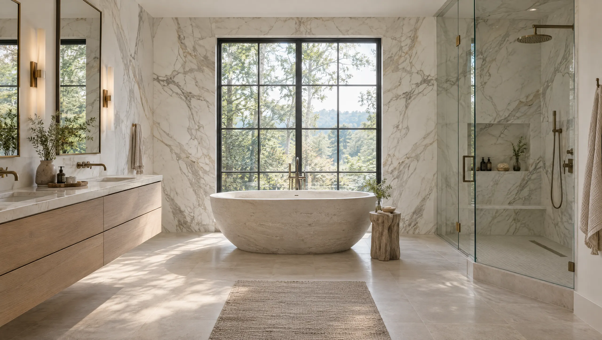 Stone soaking tub before a steel window in a marble primary bath