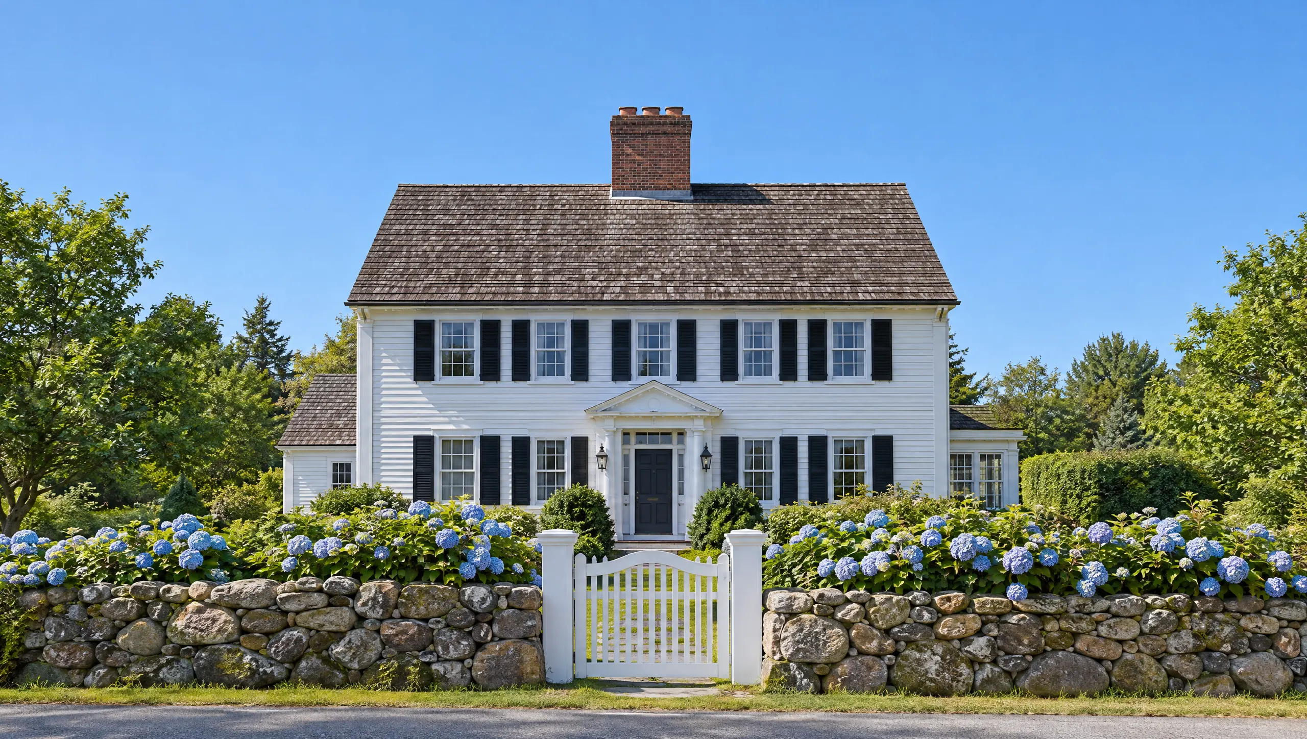 White clapboard colonial behind a fieldstone wall and hydrangeas in Darien