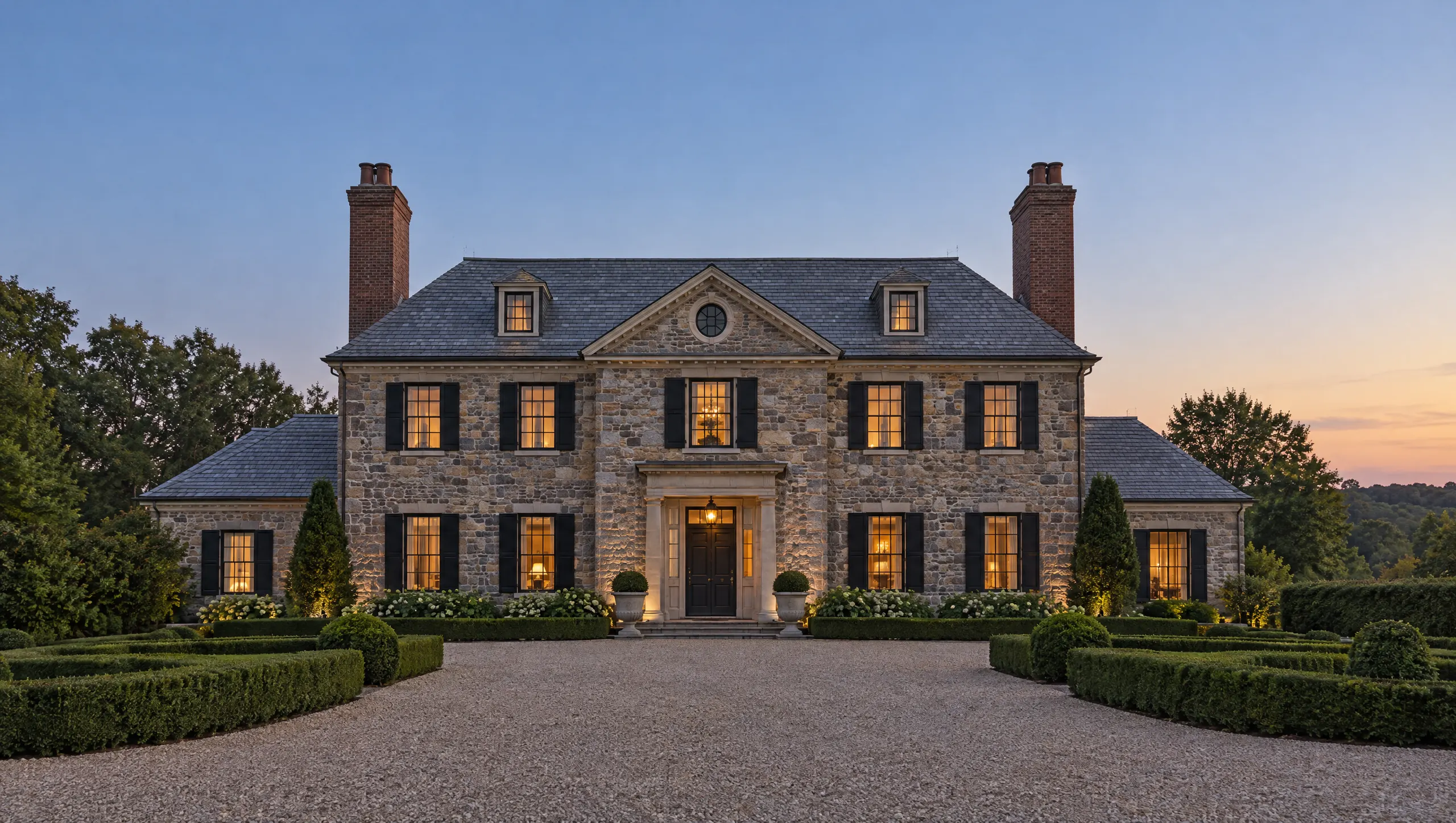Georgian fieldstone manor with a gravel motor court in back-country Greenwich