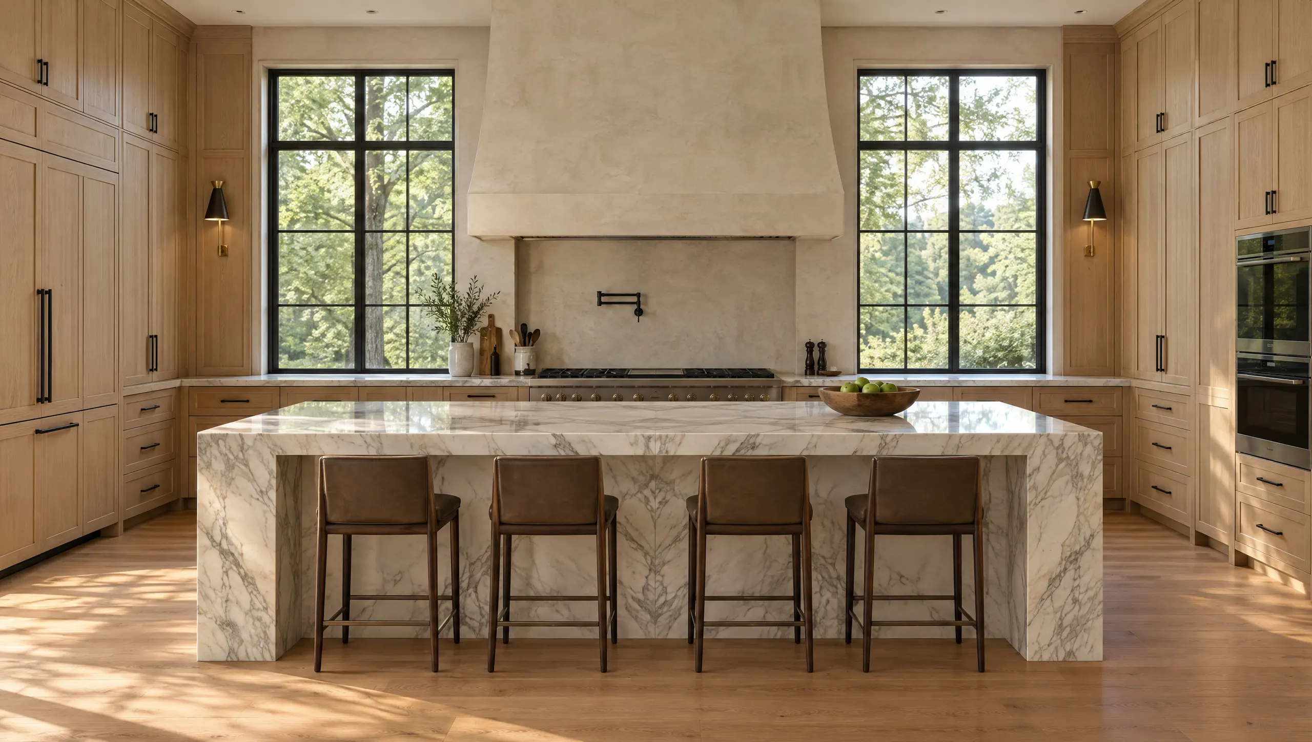 Rift white oak kitchen with a Calacatta marble island and steel windows