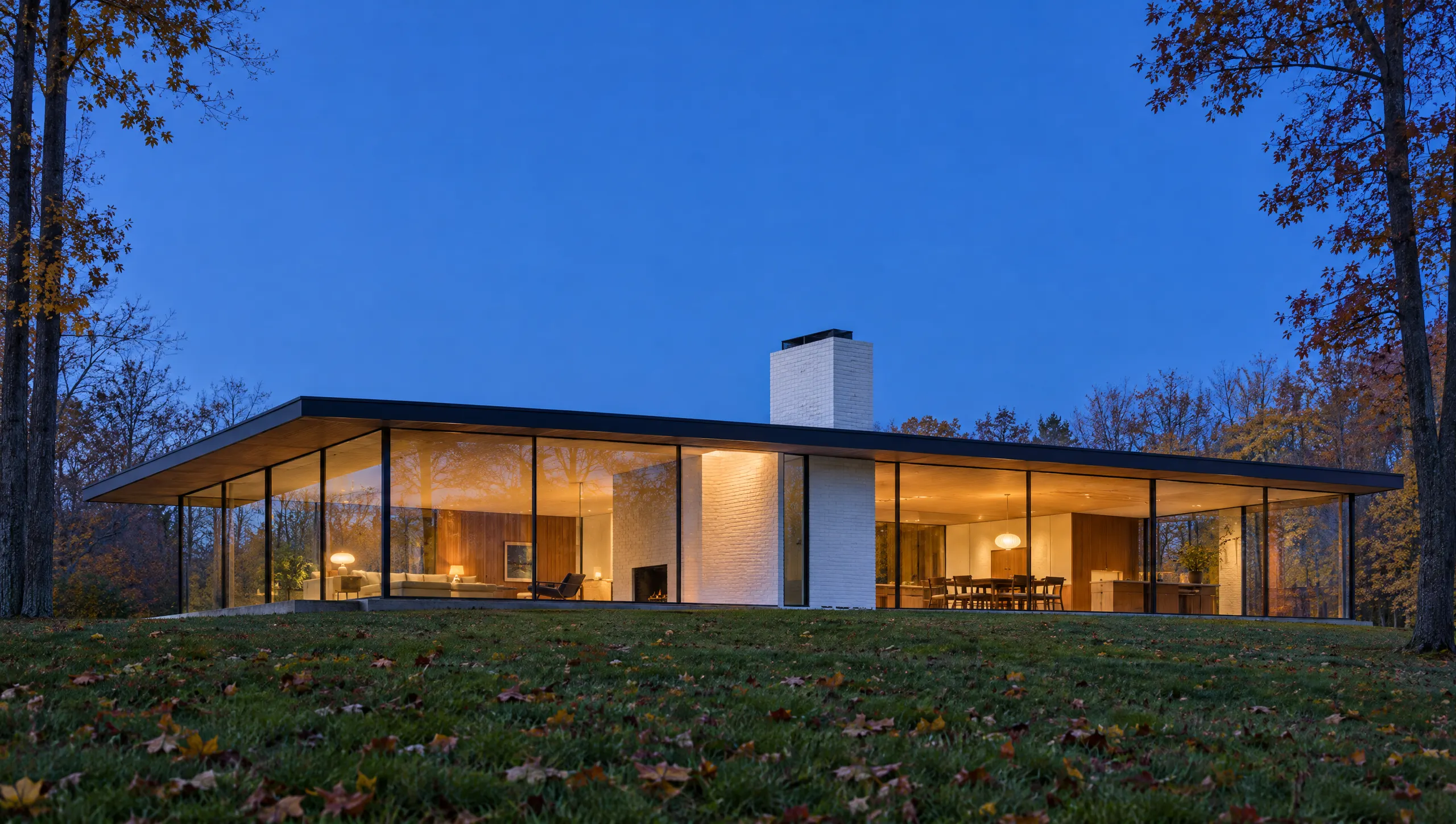 Mid-century modernist glass house glowing at dusk in New Canaan