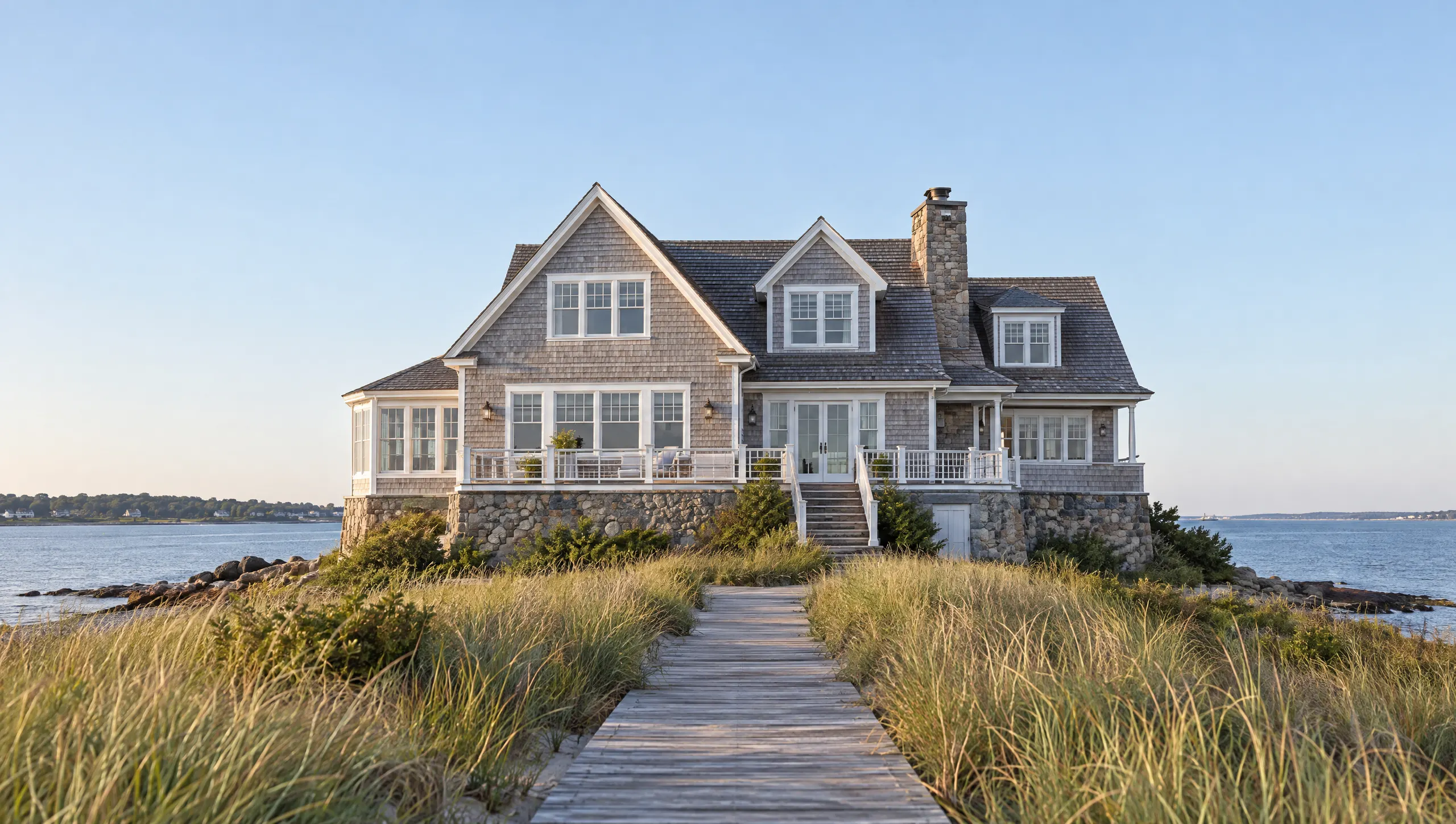 Weathered shingle-style house above the dunes on the Westport shoreline